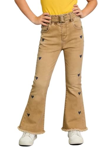 SELINK Girls High Waisted Flared Jeans with Heart Embroidery Kids Stretchy Denim Pants with Frayed Hem Sand Beige 10 - Image 1
