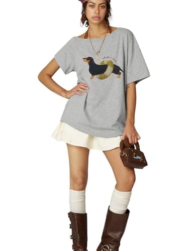 Aelfric Eden Dachshund Off The Shoulder Tshirts Women's Oversized Graphic Tees Short Sleeve Summer Cute T Shirts Y2K Tops Gray Large - Thumbnail 2