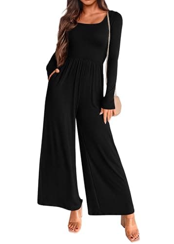 KIRUNDO Long Sleeve Jumpsuit for Women 2026 Spring Outfits Summer One Piece Square Neck Wide Leg Pants Romper With Pockets(Black, X-Small) - Image 1