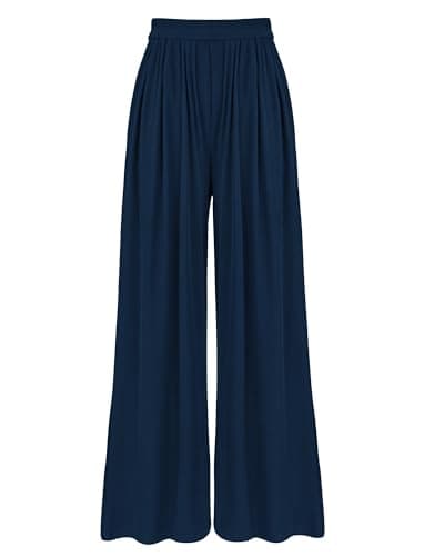 BTFBM Womens Casual Wide Leg Pants Summer Fall Clothes Pleated Elastic Waist Loose Palazzo Knit Trousers with Pockets(Navy, Small) - Image 1