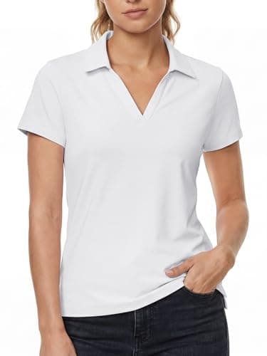 Stelle Womens V Neck Polo Shirts Short Sleeve Collared Tops Quick Dry Golf Tennis Work Casual Summer Tee（White，L） - Image 1