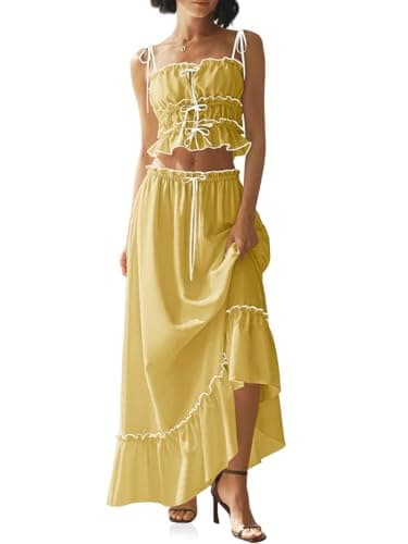 Wenrine Women's Summer 2 Piece Skirt Sets Casual Spaghetti Straps Cropped Cami Ruffle Maxi Skirt Flowy Beach Outfit Yellow - Image 1