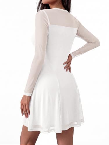 BTFBM Women’s Mini Dress Sheer Mesh Long Sleeve Flowy A Line Casual Cocktail Party Going Out Dresses 2026 Fall Fashion(White, Small) - Thumbnail 3