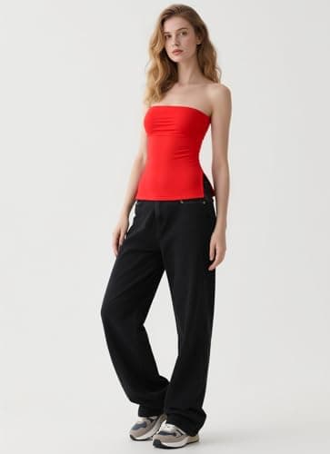 Women Tube Tops Going Out Trendy Tops Double Line Sexy Strapless Side Split Summer Basic Casual Tank Tops Formal Elegant Oufits (Red,L) - Thumbnail 4