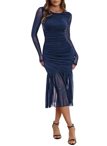 Women Fall Elegant Long Sleeve Maxi Bodycon Dress Solid Color Stretch Mesh Slim Party Cocktail Dresses Navy Blue S - Image 1