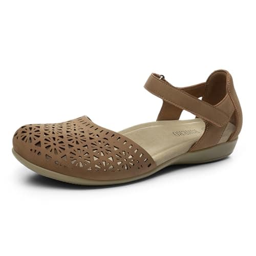 Rihero Summer Closed Toe Sandals Women Orthopedic Cute Beach Sandals for Women Lightweight Non Slip Arch Support Flat Shoes with Adjustable Strap Tan Hollow 8.5 - Image 1