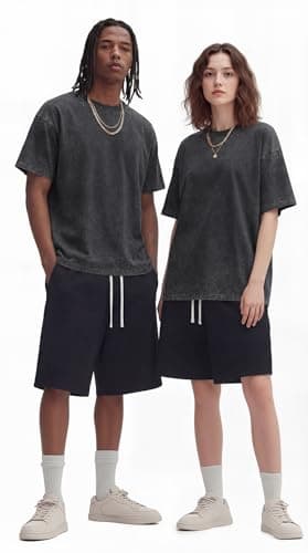 NITAGUT Men's Oversized Cotton T-Shirts Vintage Unisex Short Sleeves Loose Streetwear Casual Wash Solid Basic Tops Tee, Black, Large - Thumbnail 5