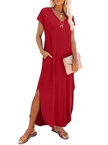RUMIA Summer Casual Maxi Dresses for Women- Women's V Neck Cap Sleeve Long Sundress with Pockets Beach Vacation Red - Image 1