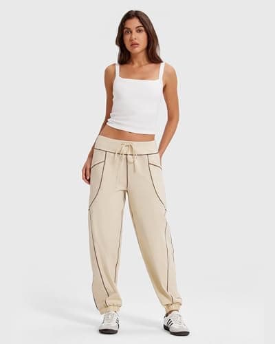 MOOSLOVER Women Baggy Casual Pants Cotton Lightweight Sweatpants Drawstring Mid Waist Athletic Lounge Joggers(M,Khaki) - Thumbnail 2