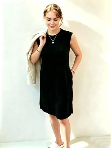 BEXIBOOM 2026 Summer Women's Casual Sleeveless Round Neck Midi Dress Loose Fit Split Wrinkle-Free Dress with Pockets Black-XL - Thumbnail 5