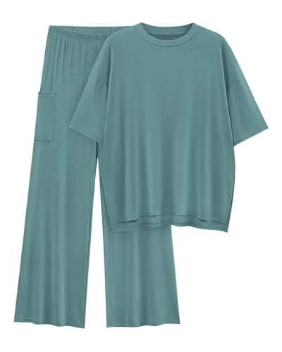 KIRUNDO 2 Piece Lounge Sets for Women Airport Travel Vacation Outfits Summer Casual Loose Short Sleeve Tops & Wide Leg Pants(Fruit Green, Large) - Image 1