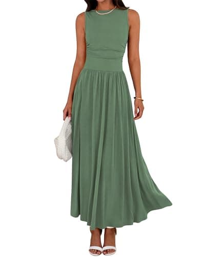BTFBM Summer Maxi Dresses for Women 2026 Spring Sleeveless Casual Ruched High Waisted Long Sundress Flowy Beach Dress(Bean Green, Large) - Image 1