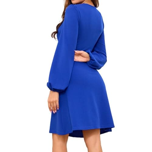 Women's Long Puff Latern Sleeve Wrap V Neck Ruched Party Club Holiday Homecoming Date Night Going Out Cocktail Clubbing Dress Ladies Nightwear Sexy Bodycon Cobalt Royal Blue X-Large XL Midi Dresses - Thumbnail 2