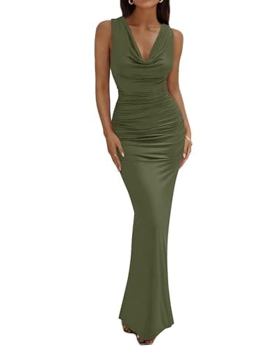BTFBM Cocktail Dresses for Women Spring 2026 Cowl Neck Sleeveless Ruched Slim Fit Maxi Summer Formal Wedding Guest Dress(Army Green, XX-Large) - Image 1