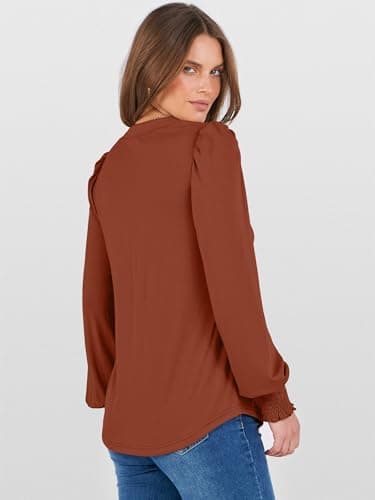 ANRABESS Women's Puff Long Sleeve Shirts V Neck Loose T-Shirts Dressy Casual Work Blouses 2026 Fall Tops Trendy Clothes Brown S - Thumbnail 3