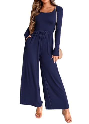 KIRUNDO Long Sleeve Jumpsuit for Women 2026 Spring Outfits Summer One Piece Square Neck Wide Leg Pants Romper With Pockets(Navy, Small) - Image 1