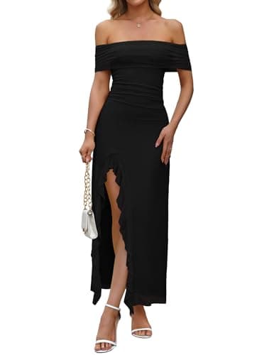 Zelroxa Women Sexy Off Shoulder Maxi Long Dresses Mesh Ruched Bodycon Asymmetrical Cocktail Wedding Birthday Party Graduation Banquet Gala Ruffle Formal Evening Gown Vestido Black - Image 1