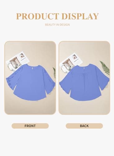 Eytino Women Plus Size Tops Dressy Casual 3/4 Length Sleeve Blouses Crewneck Ruffle Sleeve Shirts Summer Outfits Business Work Tops,3X Sky Blue - Thumbnail 4