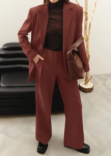 KIRUNDO Women Suits 2 Piece Set Business Casual Dressy Oversized Blazer Jacket and Wide Leg Dress Pantsuits Formal Outfits(Brown Red, XX-Large) - Thumbnail 5