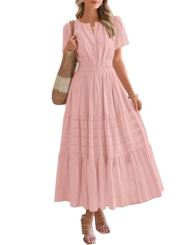 BTFBM Womens Summer 2026 Casual Midi Maxi Dresses Lightweight Short Sleeve V Neck Elastic Waist Boho Beach Dress Pockets(Bean Paste Pink, Medium) - Image 1