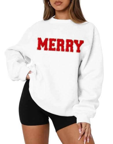 MAPICK Merry Sweatshirt for Women Christmas Fleece Linend Sequin Sweaters Crewneck Oversized Long Sleeve Pullover Tops(White,Small) - Image 1