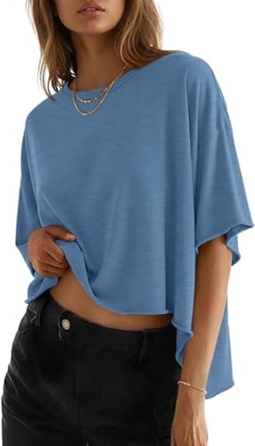 JINKESI Summer Shirts 2026 Womens Oversized T-Shirts Crew Neck Casual Short Sleeve Loose Basic Tee Tops Denim Blue-S - Image 1
