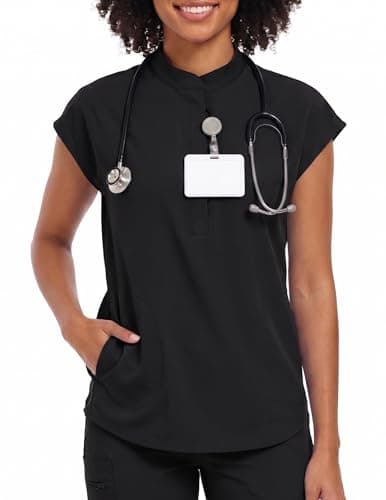 VECARDI Women's Scrub Top Zip Front Stretch Short Sleeve Nurse Uniform Shirt with Pockets Badge Loop Black - Image 1