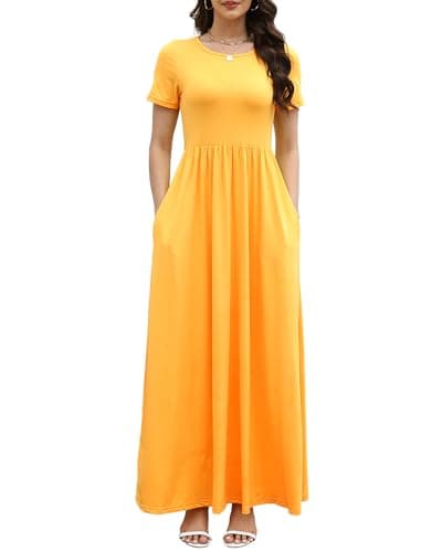 COSSEN Women’s Crewneck Short Sleeve Maxi Dress Yellow XX-Large with Pockets – Casual Loose Swing Sundress for Wedding Guest, Beach & Vacation - Image 1