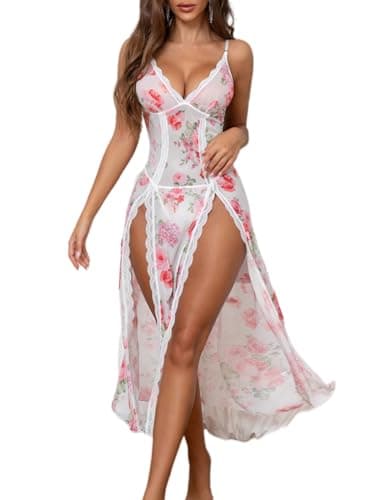 PITINAN Sexy Lingerie for Women Plus Size High Slit Nightgown Floral White Lingerie for Women Lace Mesh Dress White-Pink Floral XXL - Image 1