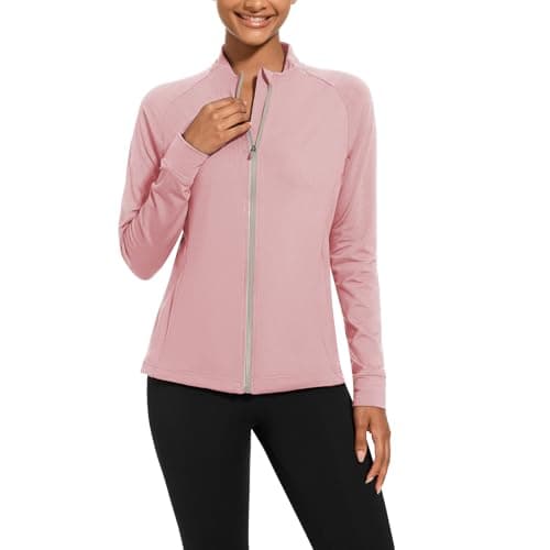 bpbtti Women's Polar Fleece Zip Up Workout Jackets with Pockets Slim Fit Cottony Soft Jacket for Running Athletic Yoga (Peach skin,Large) - Image 1