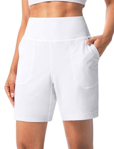 Cyasundent Women's Athletic Shorts with Zipper Pocket 6" High Waisted Bermuda Shorts for Women Workout Walking Running(White_XXL) - Image 1