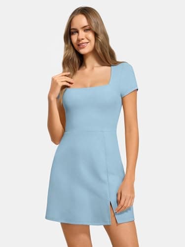 AFFOLE Womens Square Neck Tennis Dress Short Sleeve Built in Shorts Golf Athletic Dress with Pockets Light Blue - Thumbnail 2