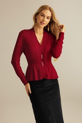 GRACE KARIN Women Cardigan Sweaters 2025 Fall,Long Sleeve Cropped Sweater Coat Trendy,Button Front Peplum Tops Lightweight Red - Thumbnail 5