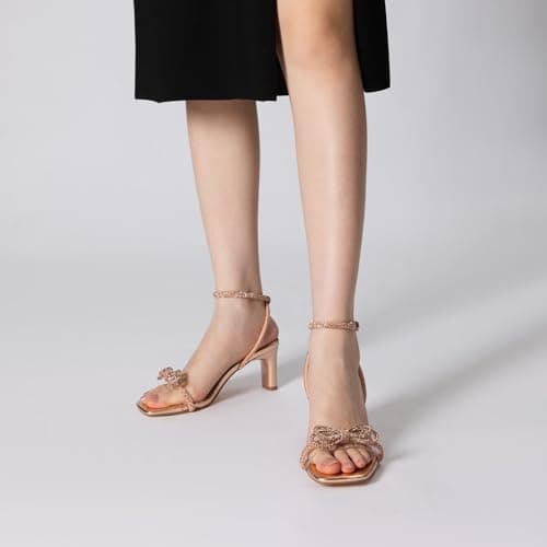 Athlefit Women's Rhinestone Bow Heels Open Square Toe Block Low Heel Sandals Dressy Buckle Heeled Champagne Prom Heels Size 7 - Thumbnail 2