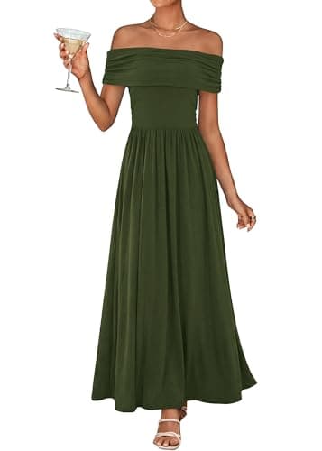 KIRUNDO Cocktail Dresses for Women 2026 Summer Off The Shoulder Ruched Pleated Long Flowy Formal Party Maxi Dresses Pockets(Army Green, Small)