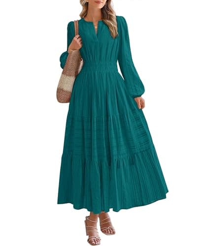 BTFBM Spring Dresses for Women 2026 Casual Long Sleeve V Neck Elastic Waist Lightweight Maxi Wedding Guest Dress Pockets(Malachite Green, Medium) - Image 1