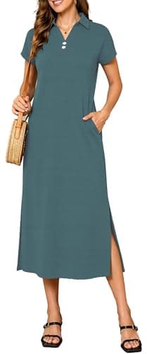 BEXIBOOM Women's T Shirt Maxi Dress, Summer Cap Sleeve V Neck Collared Casual Long Dress with Pockets, Side Split Vacation Dress Blue Gray-3XL - Image 1