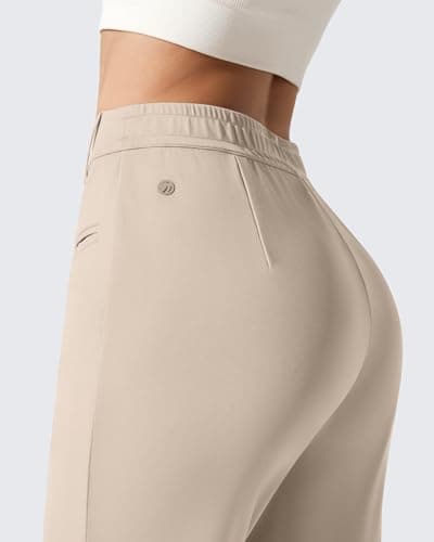 G4Free Women's Dress Pants with Pockets Straight Leg Yoga Work Stretchy Business Trousers Casual Slacks Belt Loops (L,Light Khaki,Petite) - Thumbnail 4