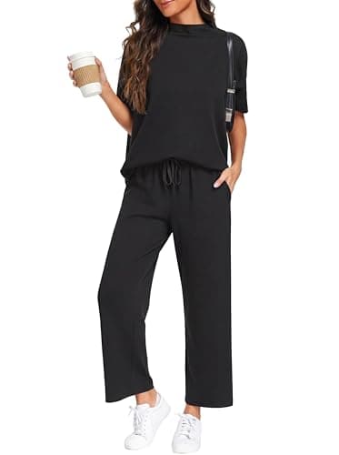 PrinStory Womens Lounge Set Summer 2 Piece Outfits Pullover Top and Wide Leg Pants Matching Sets 2026 Black-XL - Image 1