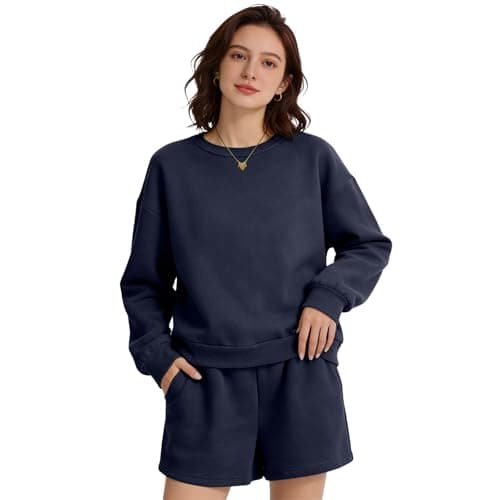 Anyshe Women's 2 Piece Fleece Lined Short Set - High Waisted Crew Neck Sweatshirt & Shorts, Soft Cozy Loungewear for Air Conditioned Rooms & All Season Wear, Navy, Large - Thumbnail 4