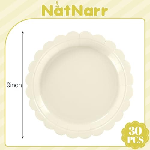NatNarr 30 Pcs Ivory Paper Plates 9 Inch Disposable Scalloped Cream Plates Cute Beige Dessert Cake Plate Party Dinner Plate for Baby Shower, Wedding, Bridal Shower - Thumbnail 2