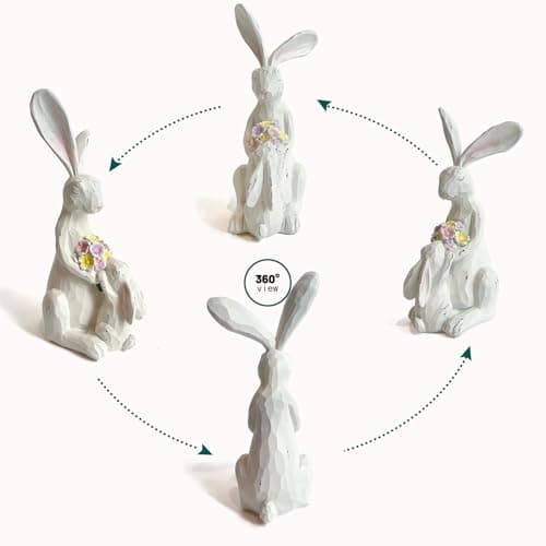 LIFFY Easter Bunnies Statue Home Decor - Charming Hand Painted Resin Rabbit Figurines with Flower, Pretty Spring Home Decor & Gift - Thumbnail 2