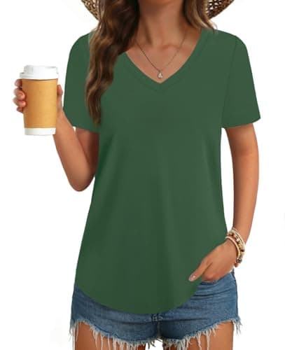 GKBK Womens T Shirts V Neck Short Sleeve Cotton Tops Summer Curved Hem Trendy Basic Tee Shirt Dark Green L - Image 1