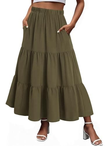 Magritta Women's Maxi Skirt with Pockets Soft Lightweigh Fabric High Waist Pleated Ruffle with Pockets Green X-Large - Image 1