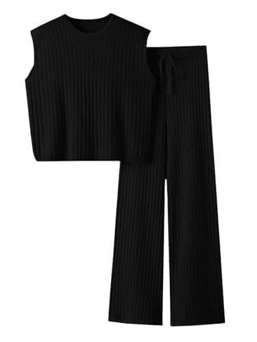 Imily Bela Womens 2 Piece Outfits Sleeveless Ribbed Knit Tops Wide Leg Pants Summer Vacation Sweater Matching Lounge Sets - Image 1