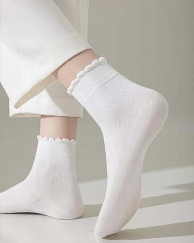 Vinacimos 4 Pairs Ruffle Socks for Women, White Ankle Socks with Elastic Frilly Cuff, Summer Soft Cotton Socks, Lettuce Edge Socks for Ladies and Girls, Size 5-11 - Thumbnail 5