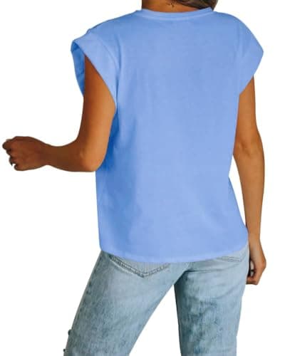 Women's Cap Sleeve Tank Top Crew Neck T Shirts Loose Fit Basic Summer Casual Tee Tops Blue - Thumbnail 3