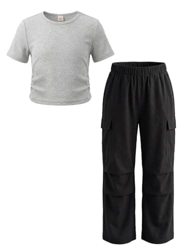 JiAmy 2PCS Outfits for Girls T-Shirt Top & Cargo Pants with Pockets Casual School Travel Clothes Tween Teen Girls 11-12Y - Image 1