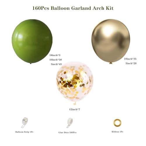 Olive Green Gold Balloon Garland Arch Kit, 160pcs Olive Green Gold Confetti Balloons for Birthday Wedding Bridal Shower Baby Shower Bachelorette Party Decorations - Thumbnail 2