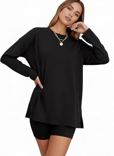 Tankaneo Women's Oversized Long Sleeve Tunic Tops Casual Crewneck Loose Fit T-Shirt with Side Slits 2026 Black - Thumbnail 5